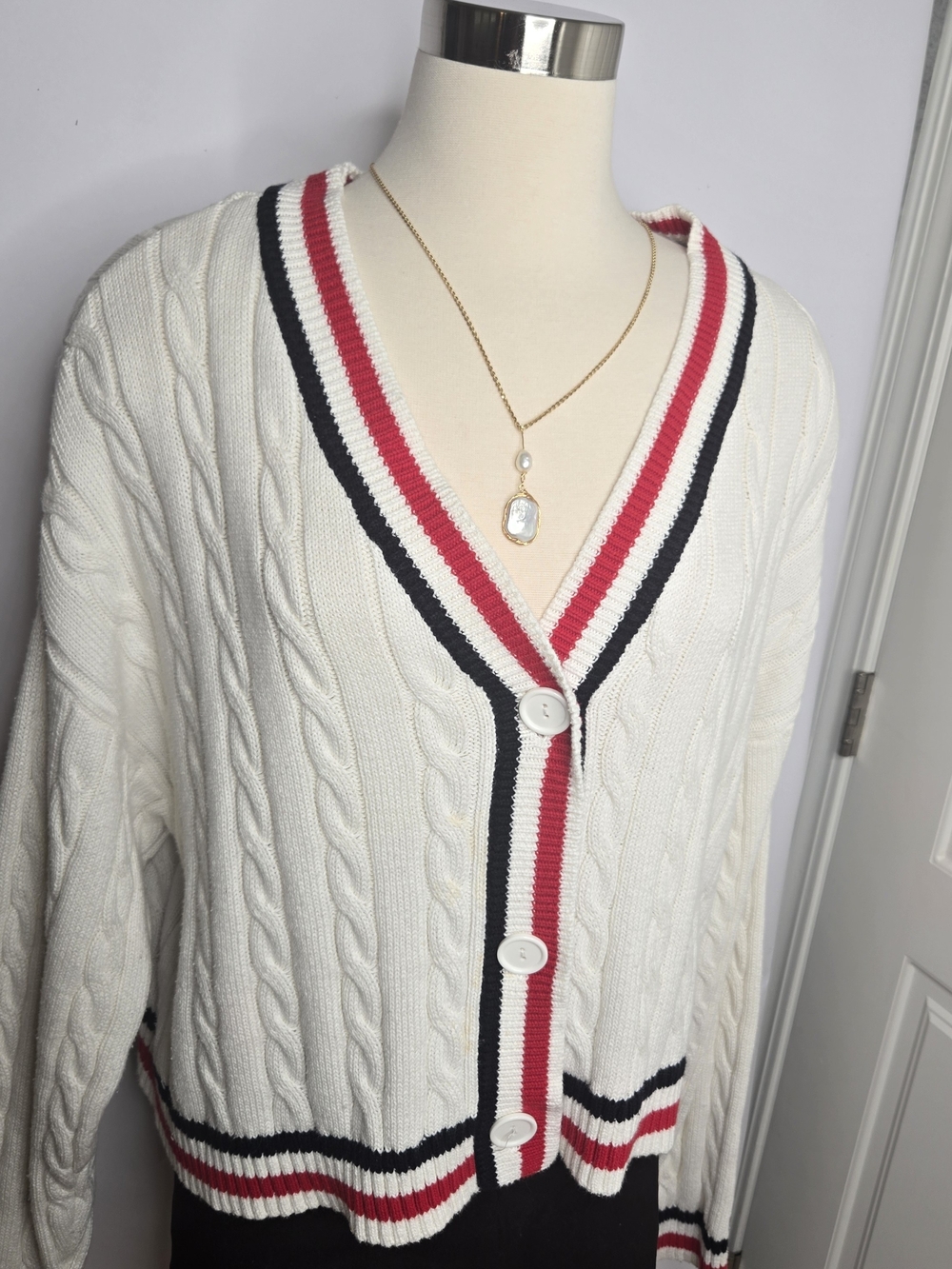 Kendall & Kylie Cream Cable Knit Cardigan with Red & Navy Stripe Trim